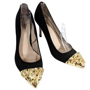 ZARA WOMAN! BLACK GENUINE SUEDE LEATHER GOLD/RHINESTONE TOE HEELS! SZ 9.5M